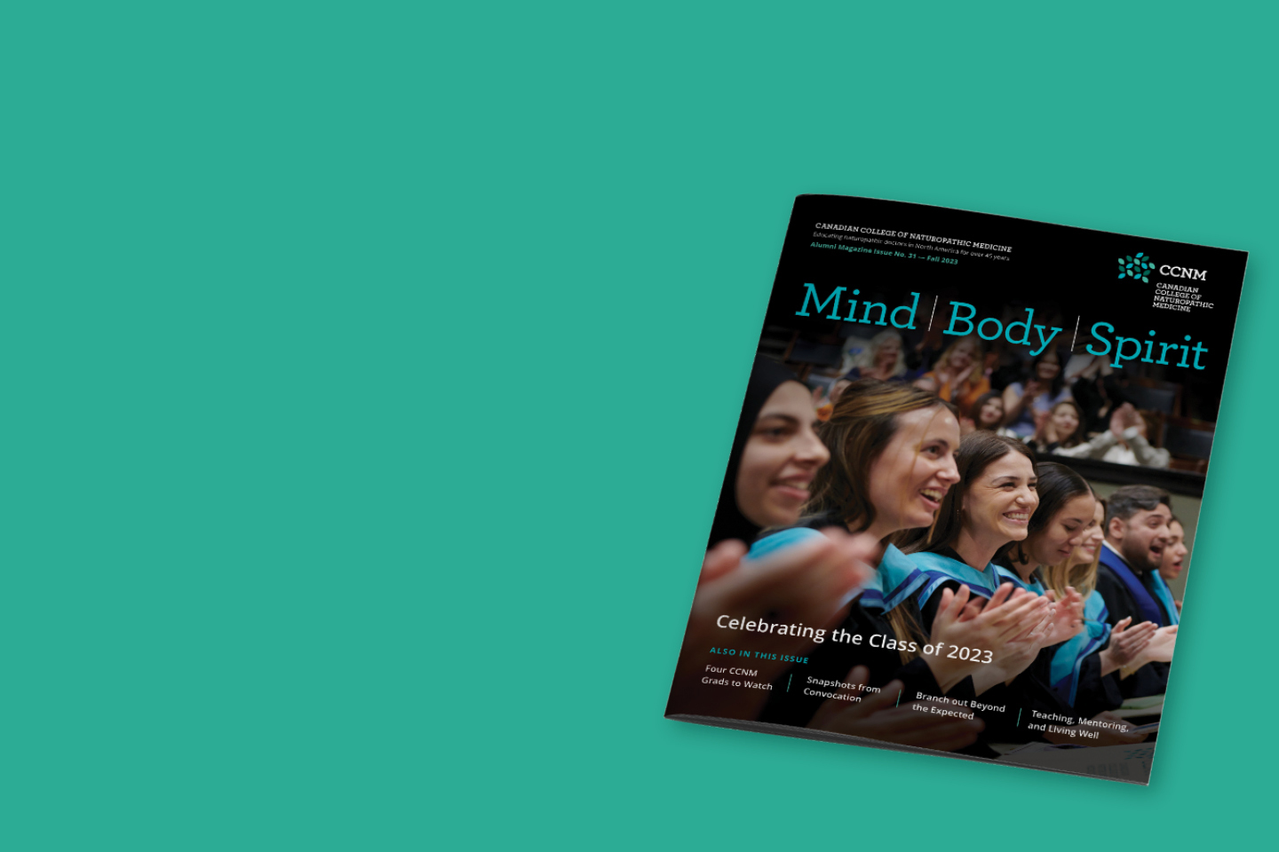 picture of the cover and inside of CCNM's alumni magazine Mind Body Spirit